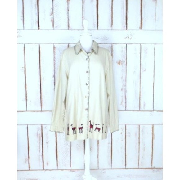 Vintage tan linen embroidered llama deer tunic button down top - Picture 1 of 5